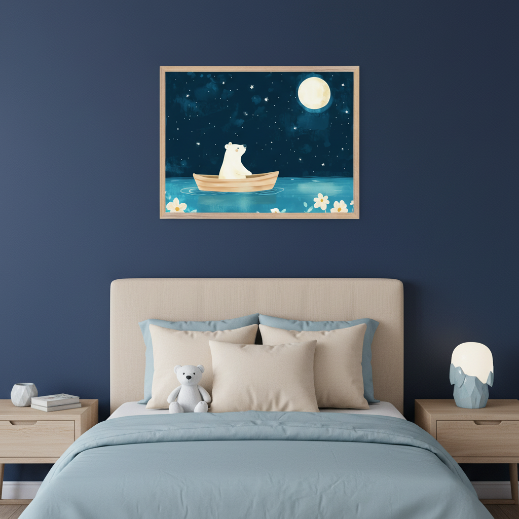 Kid's bedroom with a bed and two light wood nightstands against a dark blue wall. A framed watercolor illustration of a white polar bear in a boat under a starry night sky with a full moon hangs centered above the bed. A white teddy bear sits on the bed.