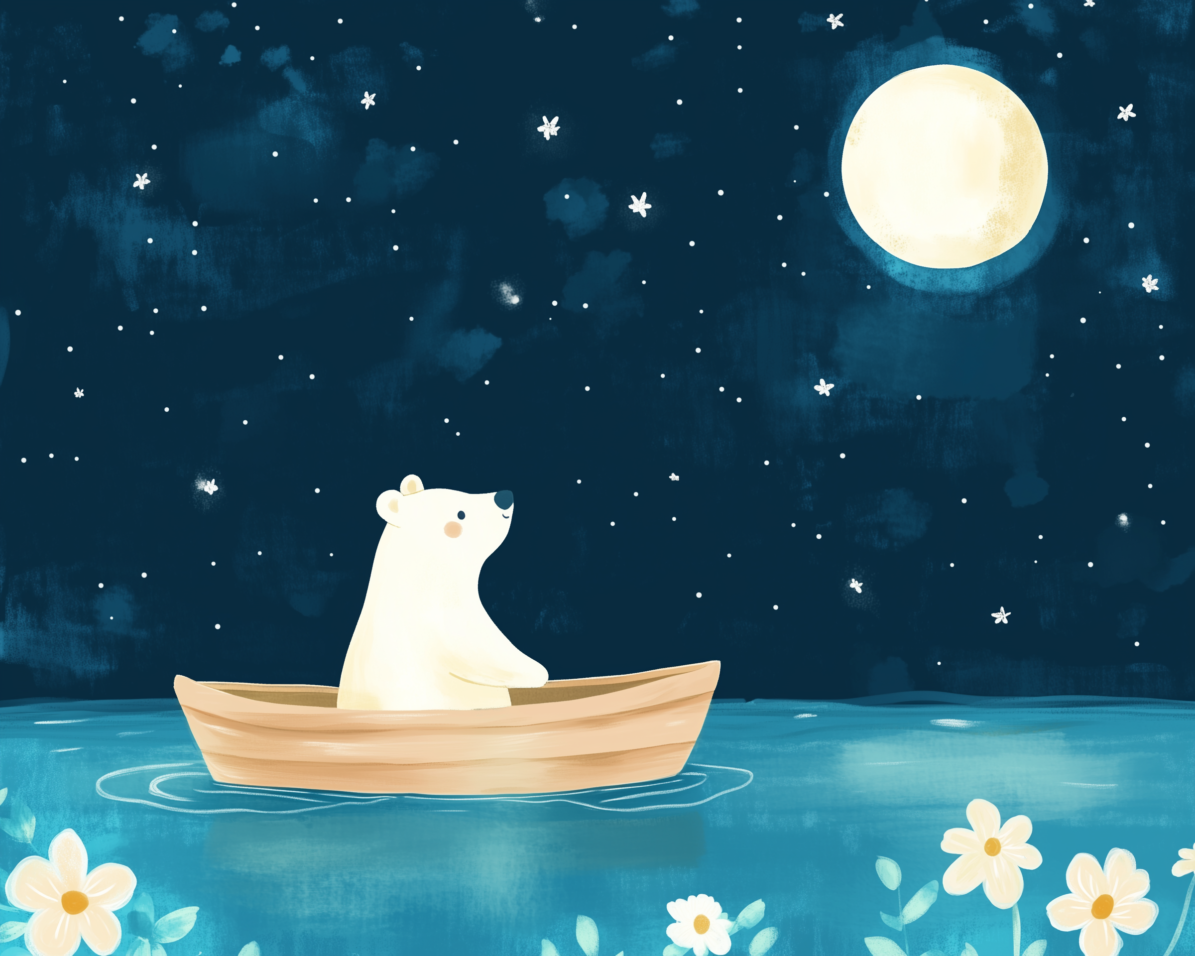 Softly illustrated bear sitting alone in a wooden boat under a glowing full moon, surrounded by starry skies and floating flowers.
