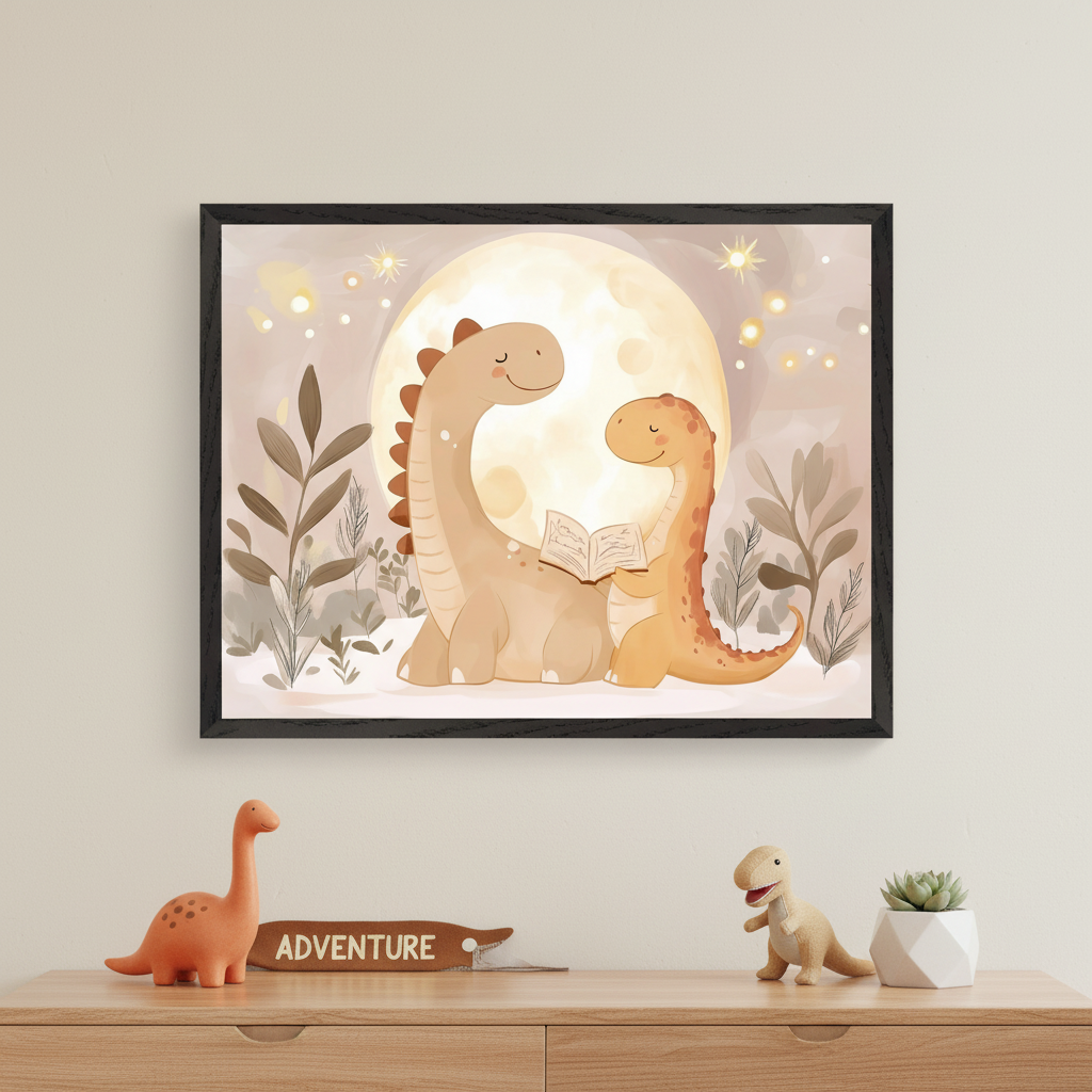 Kid's bedroom with a light wooden dresser. A framed watercolor print of two happy dinosaurs reading under a full moon with stars hangs centered above the dresser. On the dresser are two toy dinosaurs, an "ADVENTURE" sign, and a succulent.