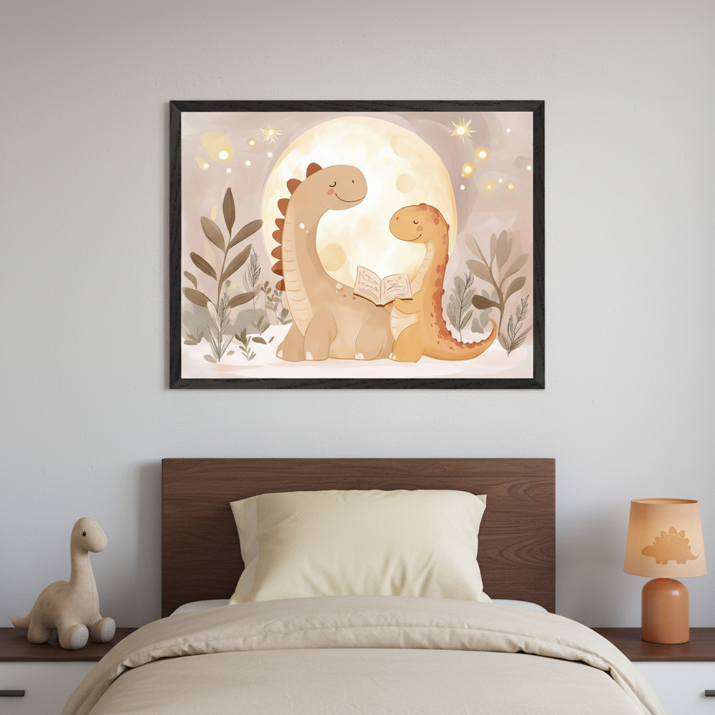 Kid's bedroom with a wooden headboard and bed. A framed watercolor print of two smiling dinosaurs reading by a full moon hangs above the bed. A plush dinosaur and a dinosaur lamp are on bedside tables.