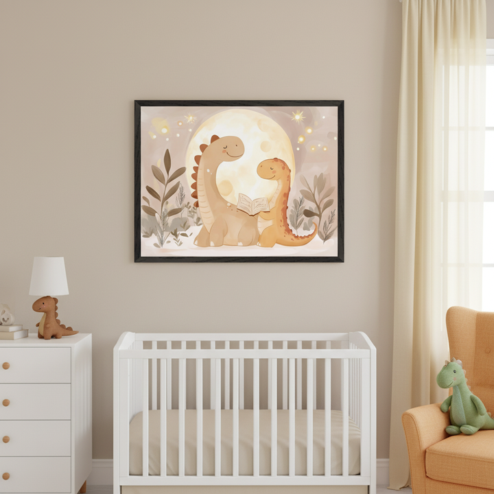 Modern nursery with a white crib and dresser. A large framed watercolor print of two friendly dinosaurs reading under a moon and stars hangs above the crib. An orange armchair with a plush dinosaur sits on the right.