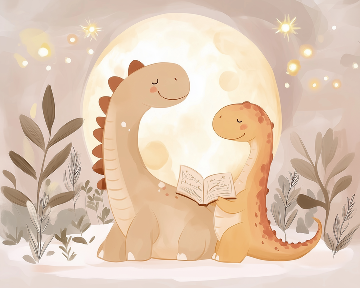Two smiling dinosaurs reading a book together beneath a giant glowing moon, with warm colors and leafy plants for cozy kids’ wall decor.
