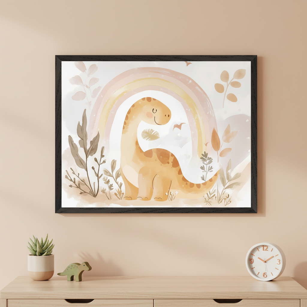 Modern nursery with a light wooden dresser. A large black-framed watercolor print of a smiling orange dinosaur with a pastel rainbow and plants hangs on the beige wall above the dresser.