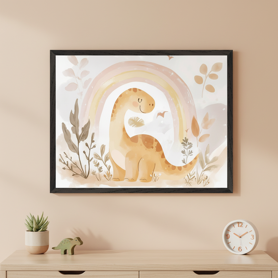 Modern nursery with a light wooden dresser. A large black-framed watercolor print of a smiling orange dinosaur with a pastel rainbow and plants hangs on the beige wall above the dresser.