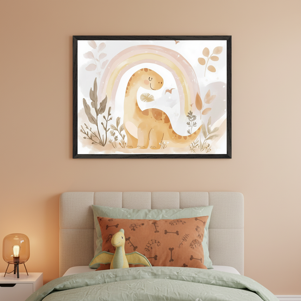 Kid's bedroom with a framed watercolor illustration of a smiling orange dinosaur under a pastel rainbow, centered above a beige upholstered bed. A nightstand with a modern lamp is on the left. The bed has green bedding, an orange bone-patterned pillow, and a dinosaur plush toy.
