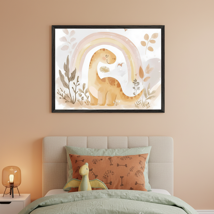 Kid's bedroom with a framed watercolor illustration of a smiling orange dinosaur under a pastel rainbow, centered above a beige upholstered bed. A nightstand with a modern lamp is on the left. The bed has green bedding, an orange bone-patterned pillow, and a dinosaur plush toy.