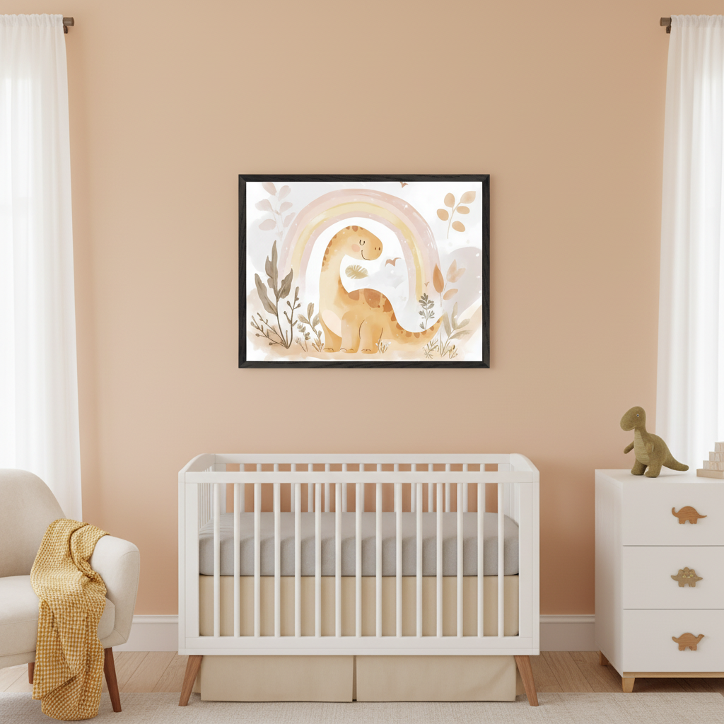 Modern nursery with a white crib, armchair, and dresser against a peach wall. A large framed watercolor print of a smiling orange dinosaur under a pastel rainbow, surrounded by plants, hangs centered above the crib. The dresser has dinosaur handles and a plush toy.