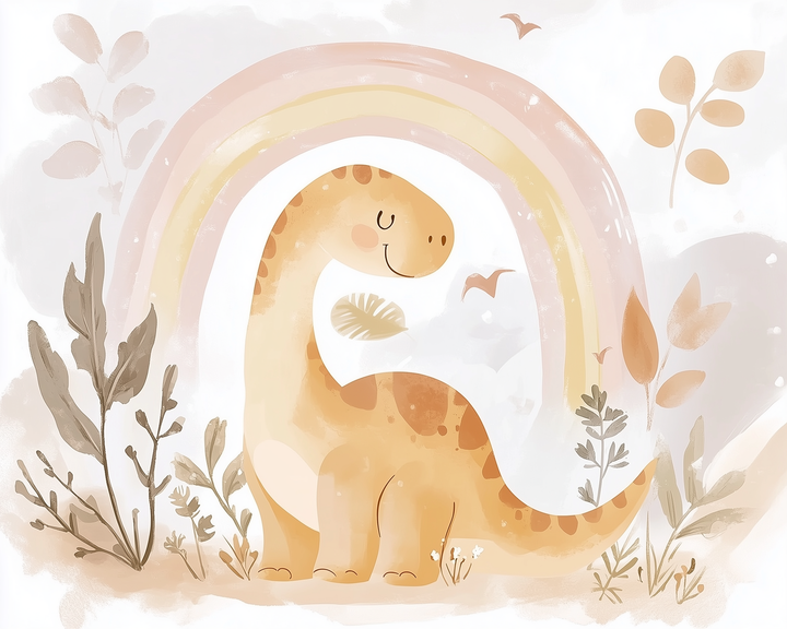 Cheerful baby dinosaur standing under a pastel rainbow with soft blush tones and gentle leaves, perfect for nursery wall art.
