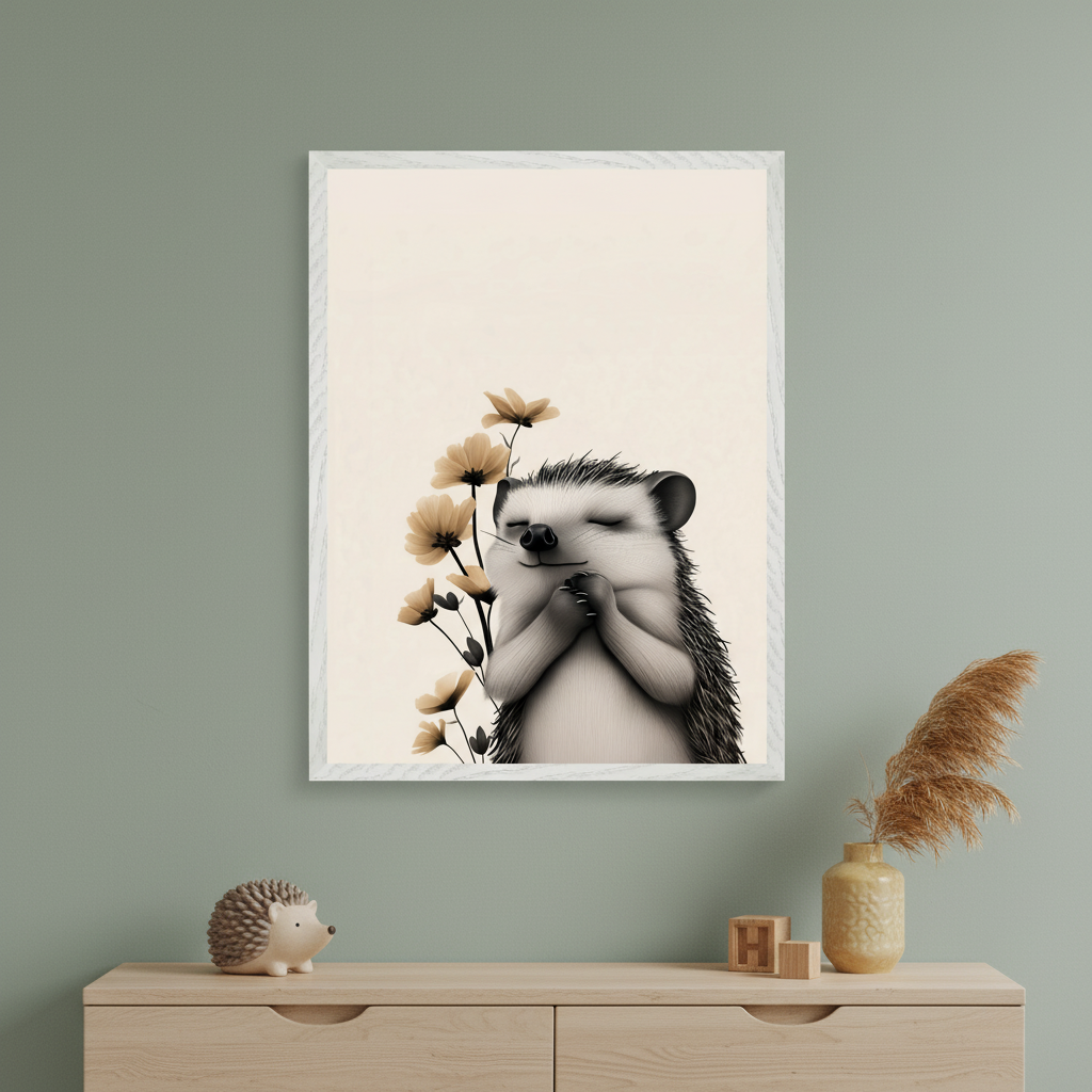 Modern kid's room with a light wood dresser against a sage green wall. A large framed illustration of a happy hedgehog sniffing yellow flowers hangs above the dresser. A hedgehog figurine, wooden blocks, and a vase are on the dresser.