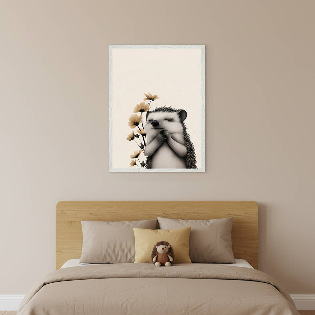 Kid's bedroom with a wooden bed frame and neutral bedding. A framed illustration of a smiling hedgehog with closed eyes and paws together, surrounded by light brown flowers, hangs centered above the bed.