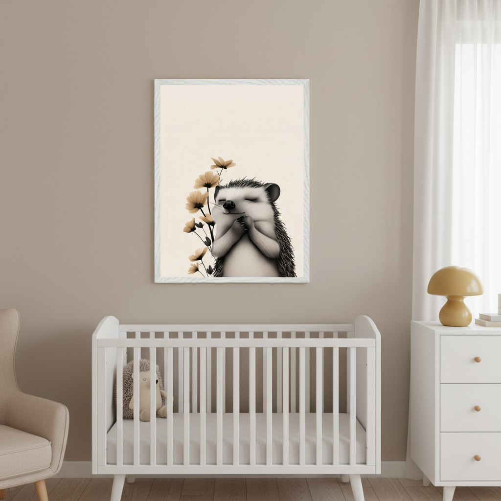 Modern nursery with a framed illustration of a hedgehog with closed eyes, hands together, beside yellow flowers, centered above a white crib. A beige armchair sits left, and a white dresser with a yellow mushroom lamp is right. A hedgehog plush toy is in the crib.
