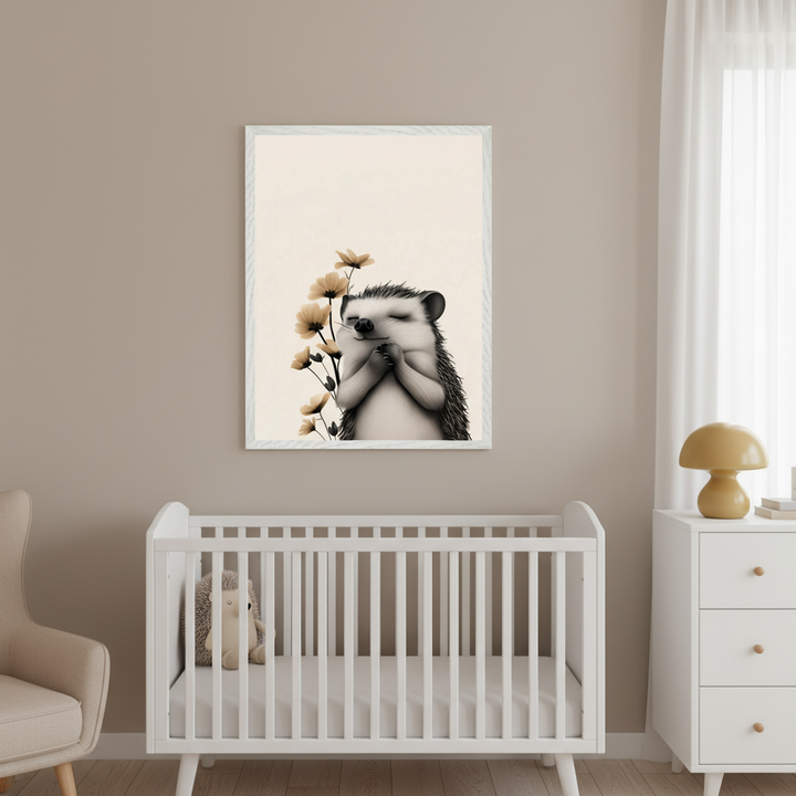 Modern nursery with a framed illustration of a hedgehog with closed eyes, hands together, beside yellow flowers, centered above a white crib. A beige armchair sits left, and a white dresser with a yellow mushroom lamp is right. A hedgehog plush toy is in the crib.