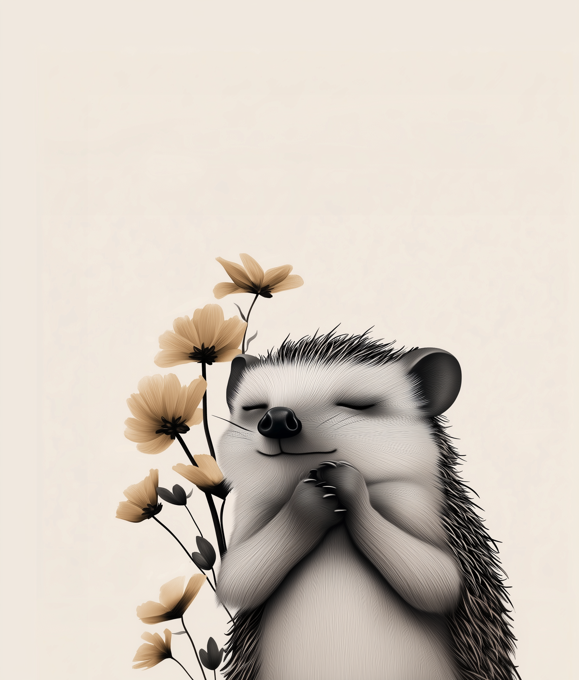 Sweet hedgehog with closed eyes and folded hands standing beside delicate yellow flowers, illustrated in soft neutral tones for children’s decor.
