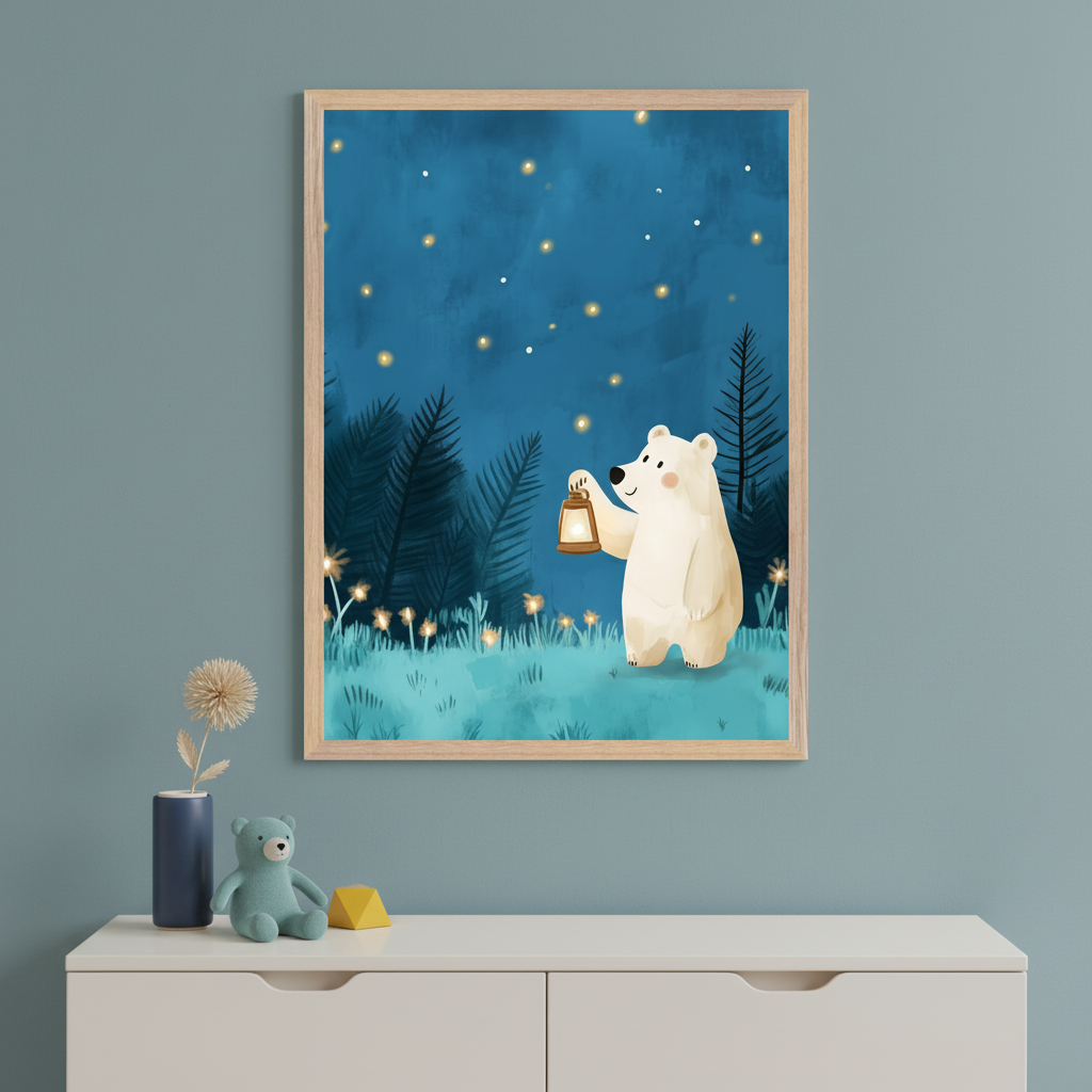 Modern child's room with a white dresser against a blue-green wall. A framed illustration of a white polar bear with a lantern in a dark, starry forest hangs centered above the dresser. A blue vase, teal teddy bear, and yellow block are on the dresser.
