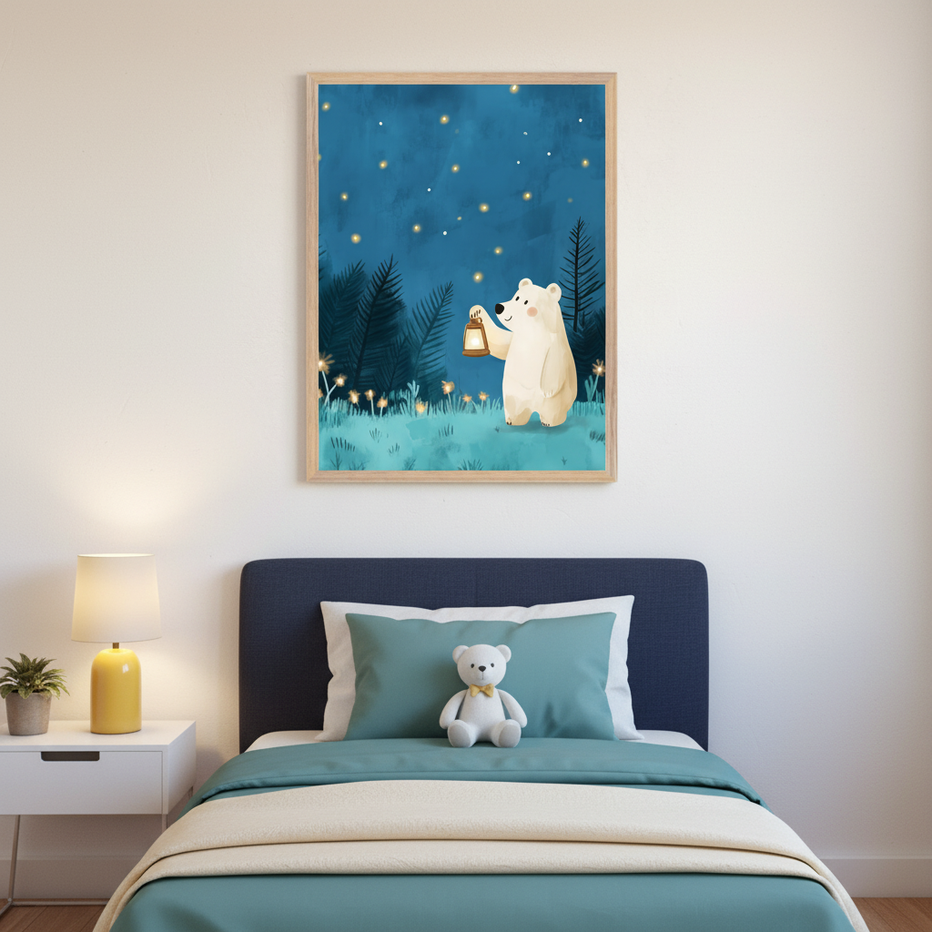 Kid's bedroom with a navy bed, teal bedding, and a white nightstand with a yellow lamp. Above the bed, a framed illustration shows a white bear with a lantern in a starry, dark forest.