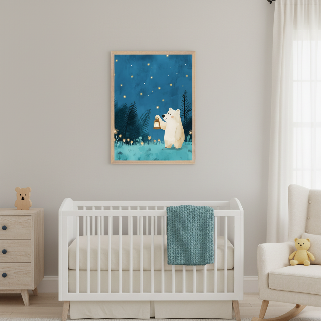 Modern nursery with a white crib, wood dresser, and white rocking chair. On the wall above the crib, a framed illustration depicts a white bear holding a lantern in a starry forest.