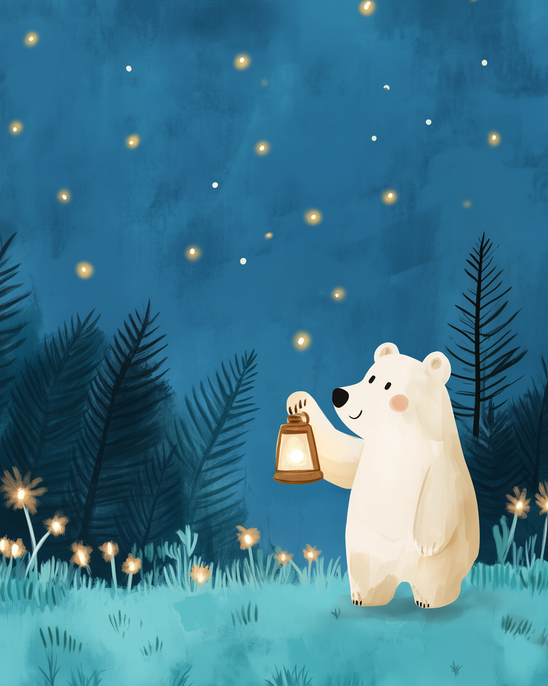 Friendly polar bear holding a glowing lantern in a magical nighttime forest with fireflies and soft plants lighting the path.

