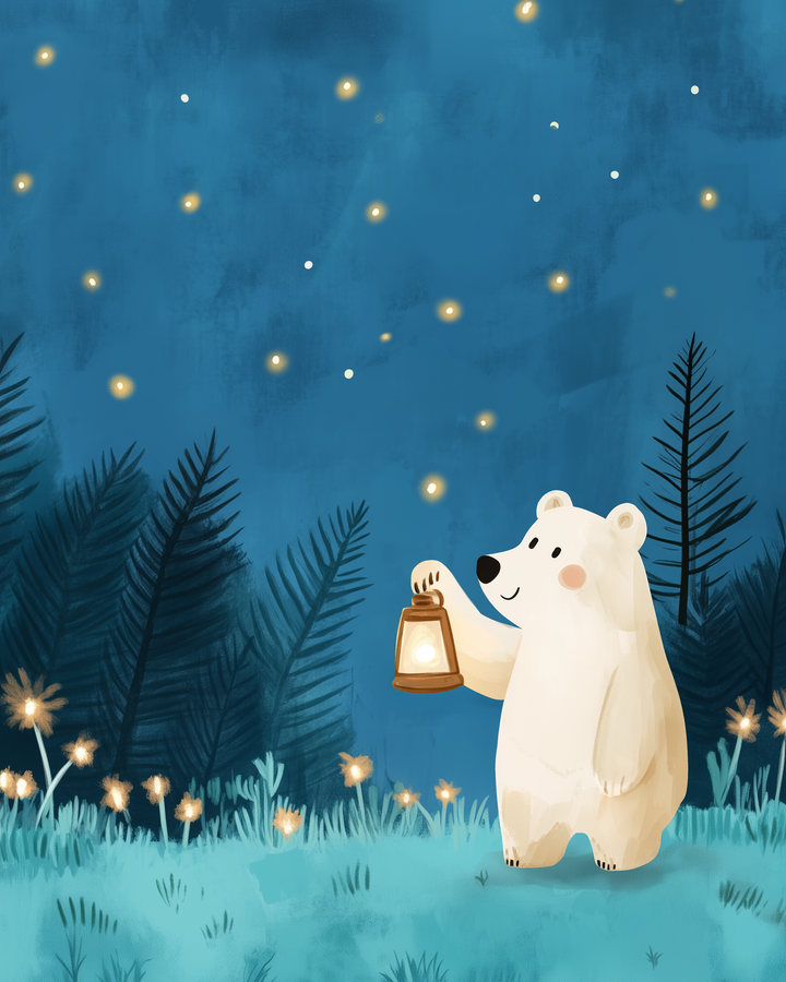 Friendly polar bear holding a glowing lantern in a magical nighttime forest with fireflies and soft plants lighting the path.
