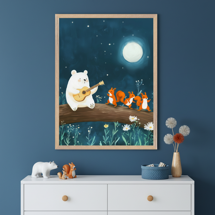 Kid's bedroom with a blue wall and white dresser. A large framed illustration of a white bear playing a ukulele for three dancing squirrels on a tree branch at night under a full moon and stars hangs above the dresser. Animal figurines are on the dresser.