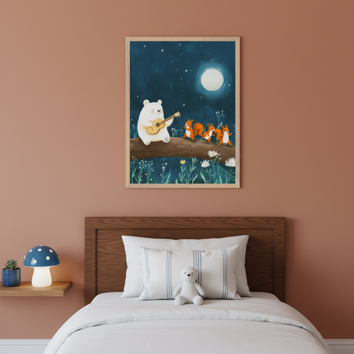 Kid's bedroom with a bed and wooden headboard. A framed illustration is centered above the bed, depicting a white bear playing a guitar for three dancing squirrels on a log under a full moon in a starry night sky.