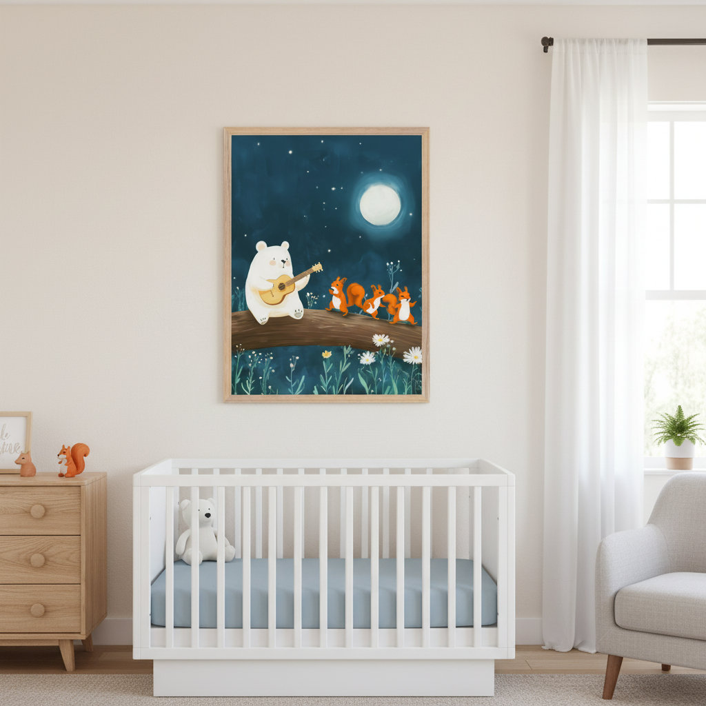 Modern nursery with white crib and light wood dresser. A framed cartoon illustration of a white bear playing a guitar for three dancing squirrels on a log under a starry full moon hangs above the crib. A gray armchair is on the right.