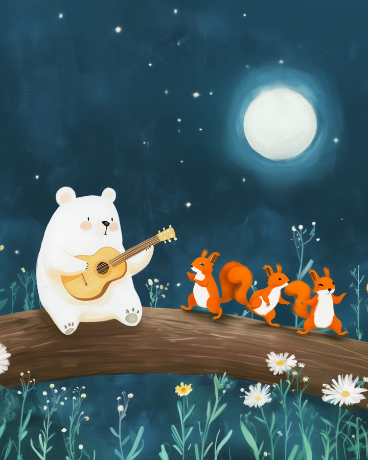 A white bear plays a guitar on a tree log under the moonlight while three cheerful squirrels dance among wildflowers.
