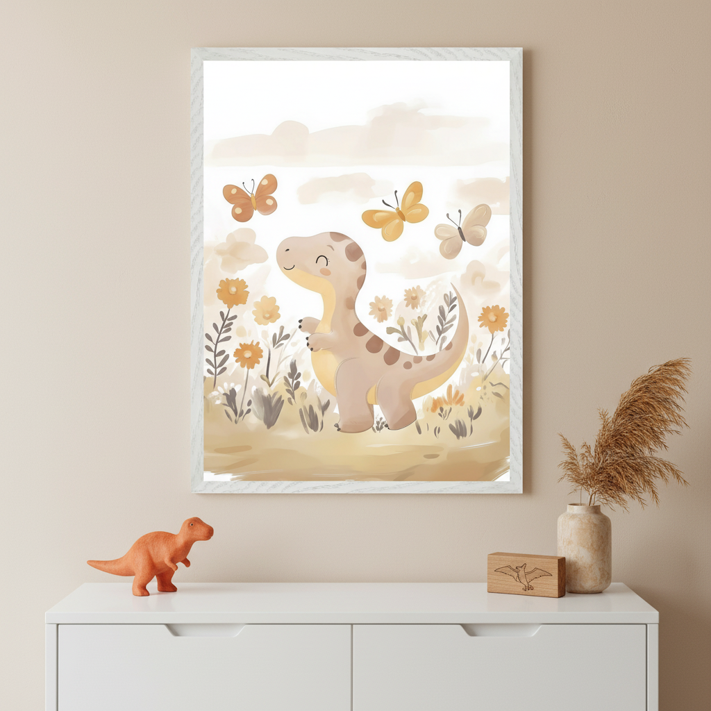 Nursery with a white dresser against a beige wall. A large framed watercolor print of a cute brown dinosaur in a field with butterflies and flowers hangs above. An orange toy dinosaur, a wooden block, and a vase with dried grass sit on the dresser.
