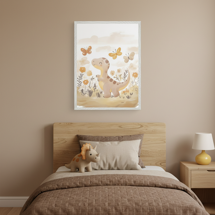 Kid's bedroom with a wooden bed, headboard, and bedside table. Centered above the headboard, a framed watercolor illustration shows a smiling brown dinosaur in a flowery field with butterflies. A dinosaur plush toy rests on the bed.