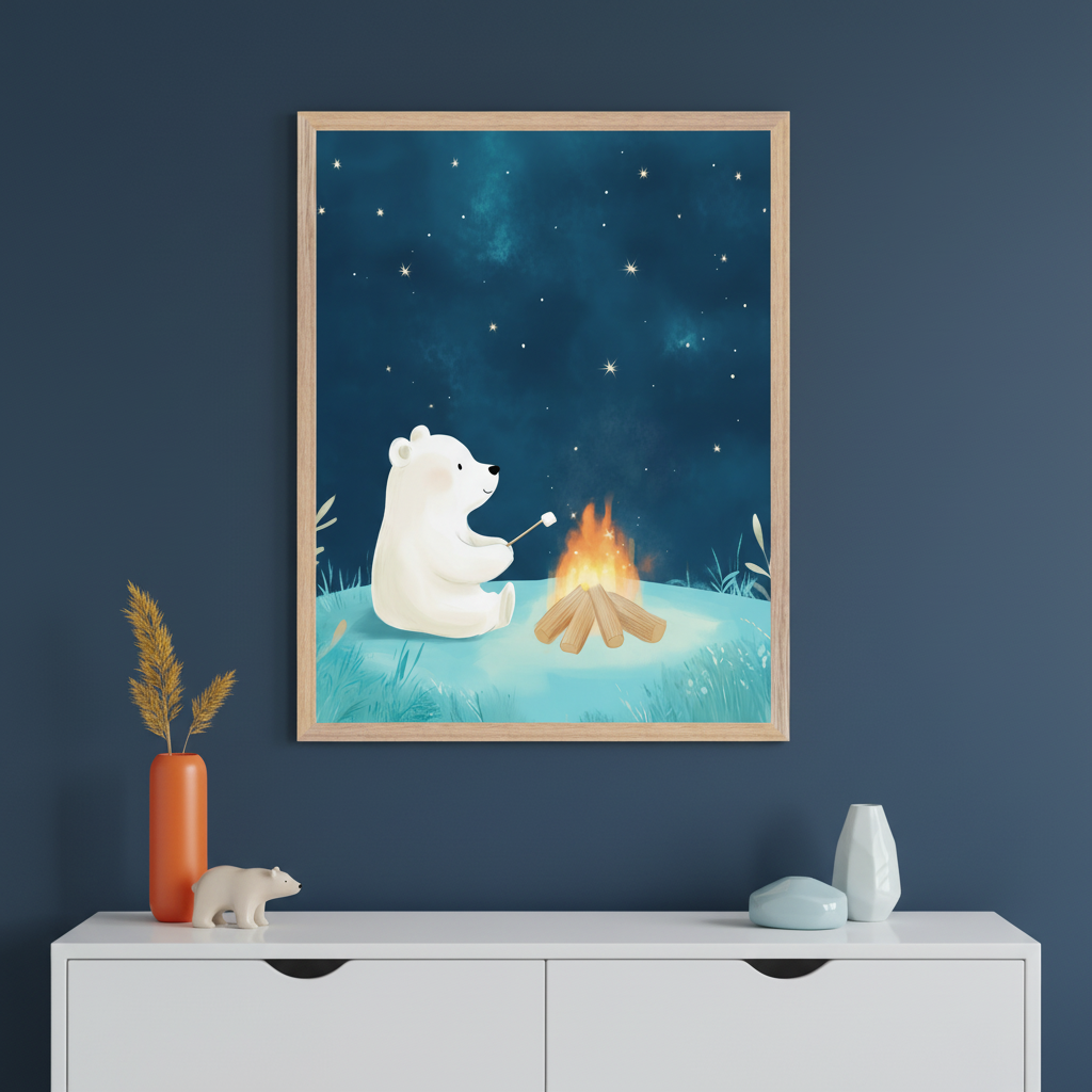 Modern room with a dark blue wall and a white two-drawer dresser. A framed print of a cartoon polar bear roasting a marshmallow by a campfire under a starry night sky hangs centered above the dresser.