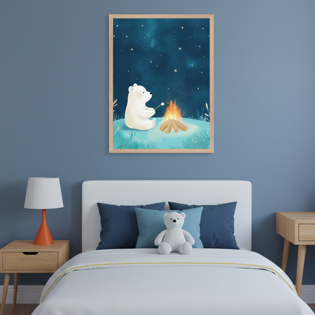 Kid's bedroom with a white bed and two wooden nightstands. A framed cartoon illustration of a polar bear toasting a marshmallow by a campfire under a starry night sky hangs above the bed.