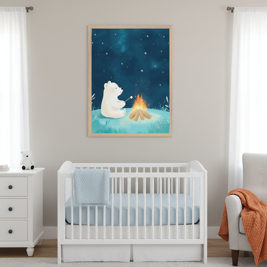 Neutral nursery with a white crib, dresser, and armchair. A framed illustration of a polar bear roasting a marshmallow over a campfire under a starry night sky hangs above the crib.