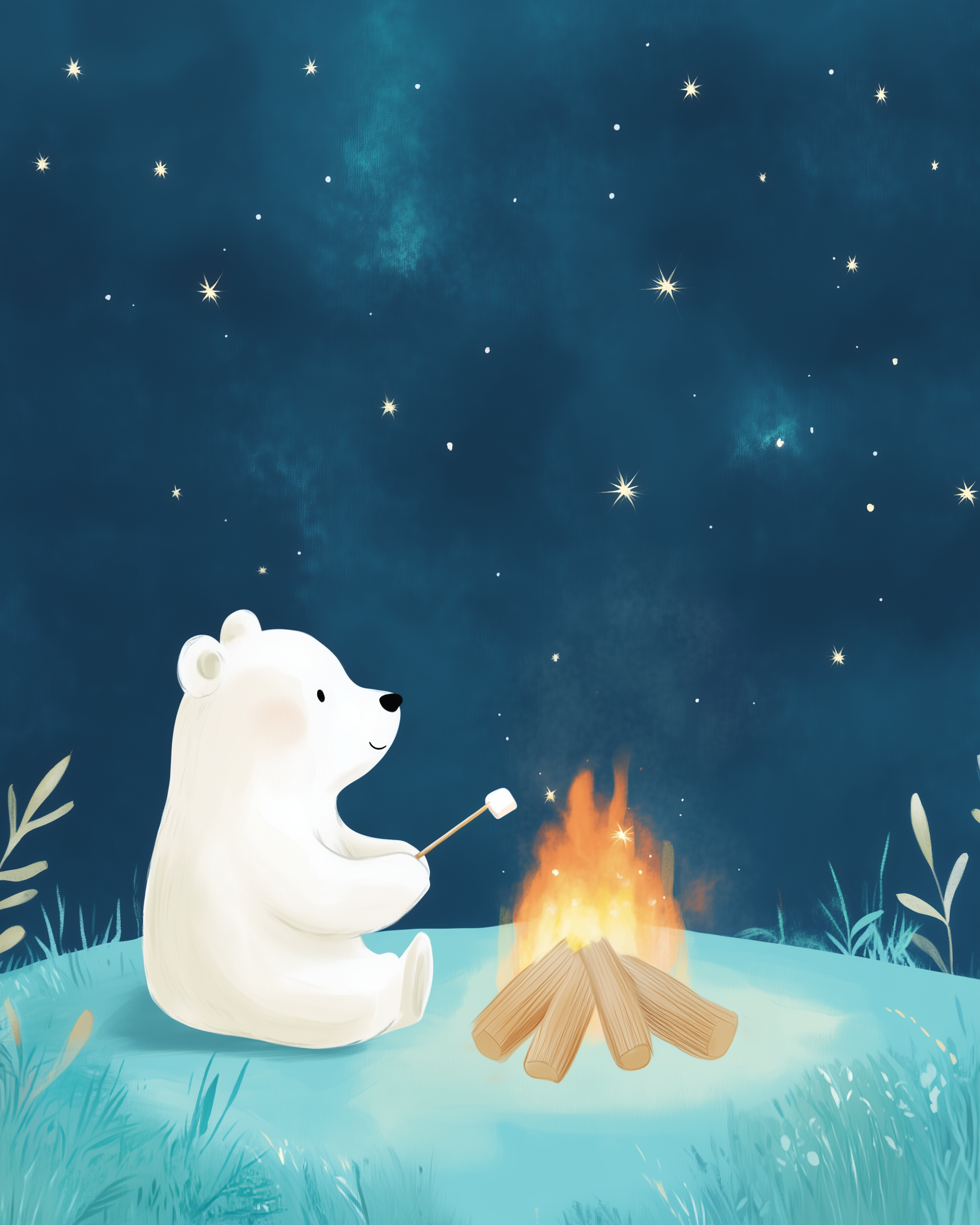  Cute polar bear roasting a marshmallow over a campfire on a grassy hill beneath a starlit night sky.
