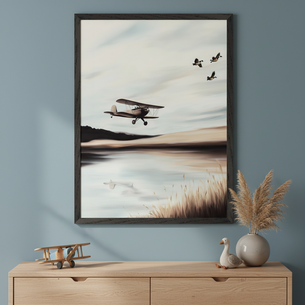 Modern room with a light wooden dresser. A large framed painting of a brown biplane flying over a lake with three ducks above and reeds in the foreground hangs centered above the dresser. A toy plane and a ceramic duck are on the dresser.