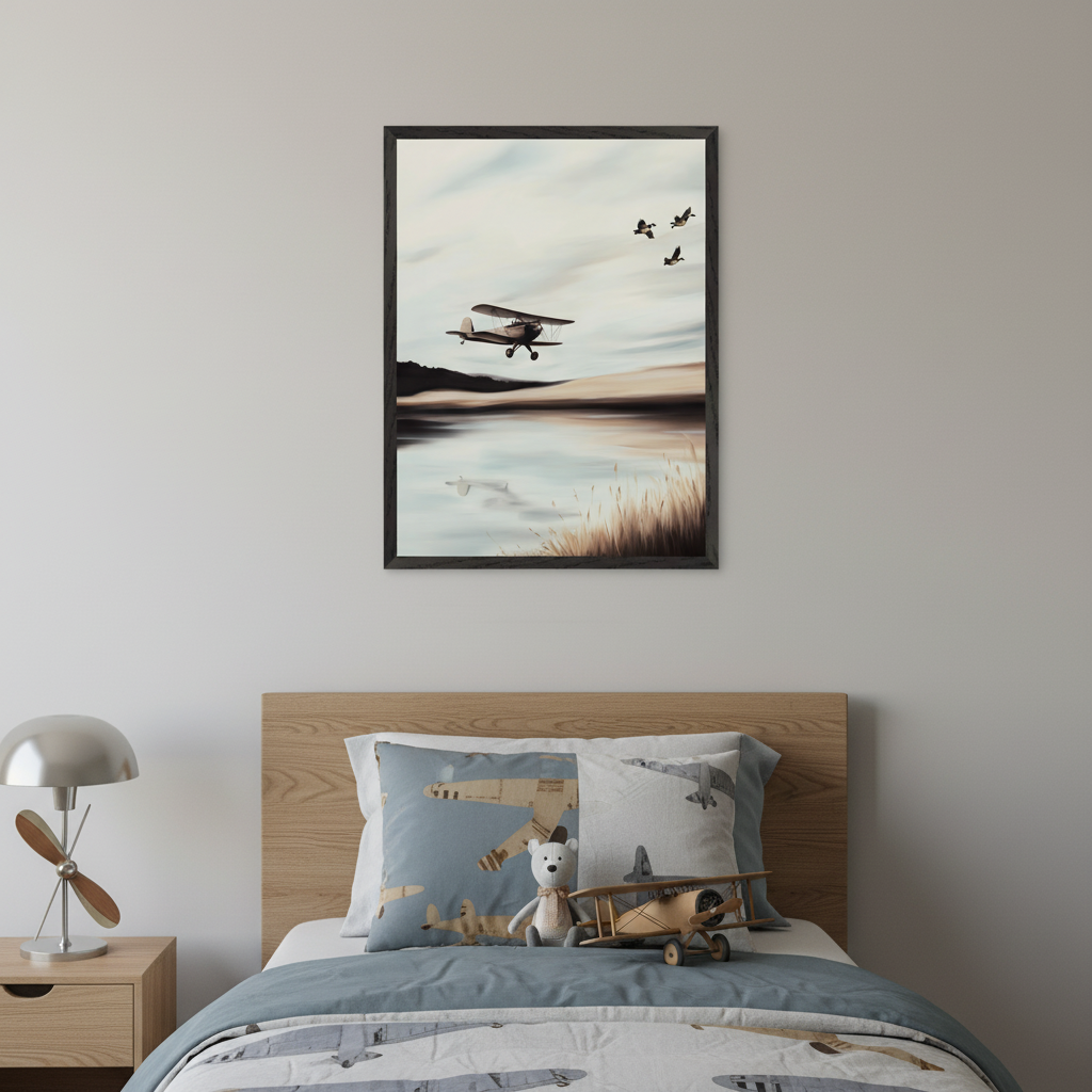 Kid's bedroom with a wooden headboard, bed with plane-themed bedding, and a nightstand with a propeller lamp. A framed painting hangs above the bed, depicting a biplane flying over a lake with mountains and birds under a cloudy sky.