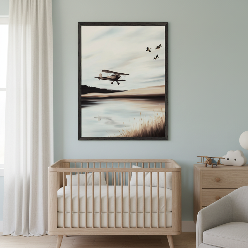 Modern nursery with a light wood crib. A large framed painting of a biplane flying over a lake with birds hangs centered above the crib. A light wood dresser and a light gray armchair are to the right.