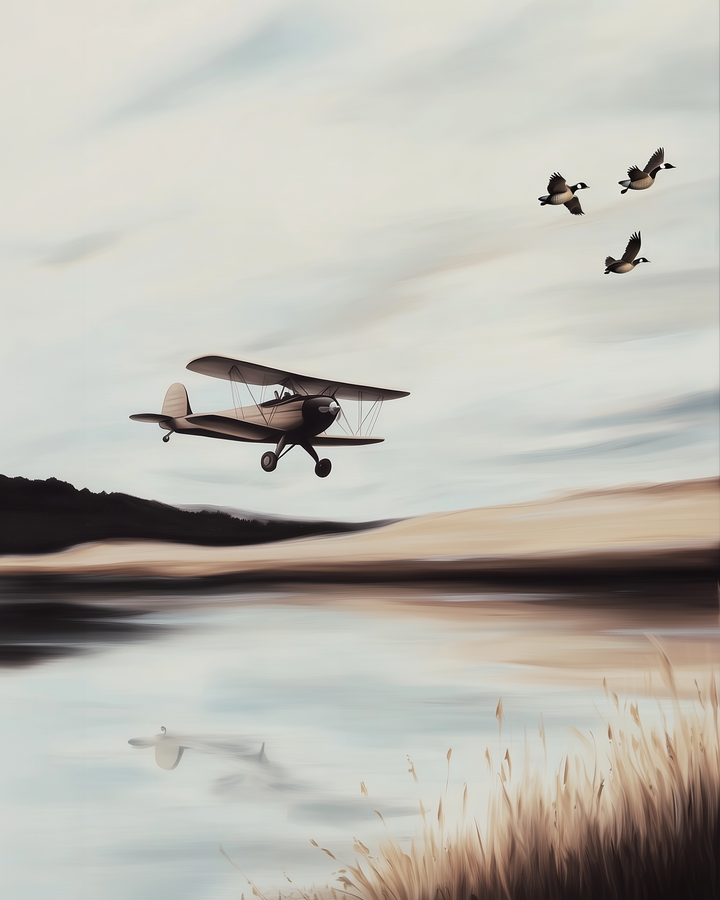  Vintage-style biplane flying above a calm lake with a flock of geese, captured in muted earthy tones for a nostalgic feel.
