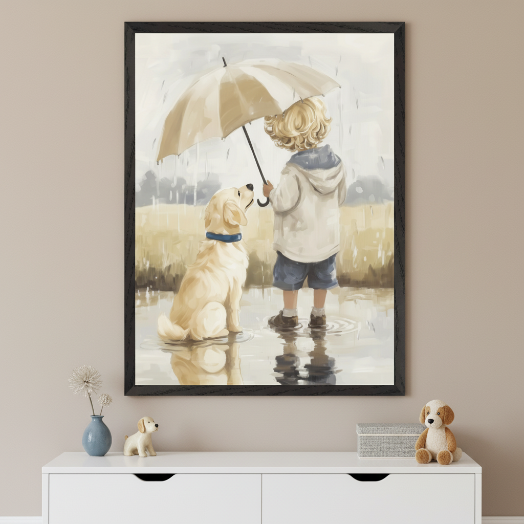 Modern kid's room with a white two-drawer dresser. Large framed painting of a blond child with an umbrella over a golden retriever in the rain hangs centered above. Small dog figurines decorate the dresser.