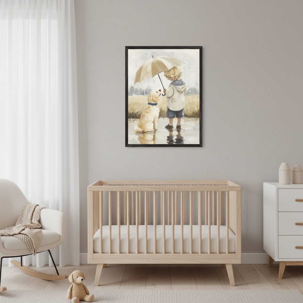 Modern nursery with a light wood crib, white dresser, and rocking chair. A framed illustration of a blonde child holding an umbrella over a golden retriever in puddles hangs centered above the crib.