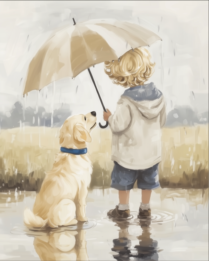 Toddler holding an umbrella over a golden retriever as they stand in a puddle during a gentle rain, illustrated in soft painterly tones.
