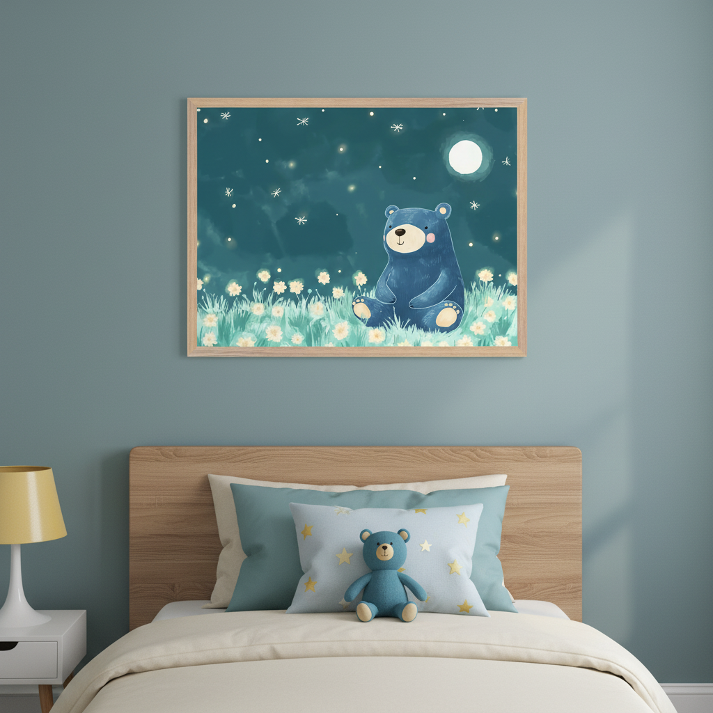 Kid's bedroom featuring a bed with a wooden headboard, blue pillows, and a teddy bear. A white nightstand with a yellow lamp is to the left. Above the bed, a framed whimsical illustration depicts a blue bear sitting in a flower field under a starry night with a full moon.