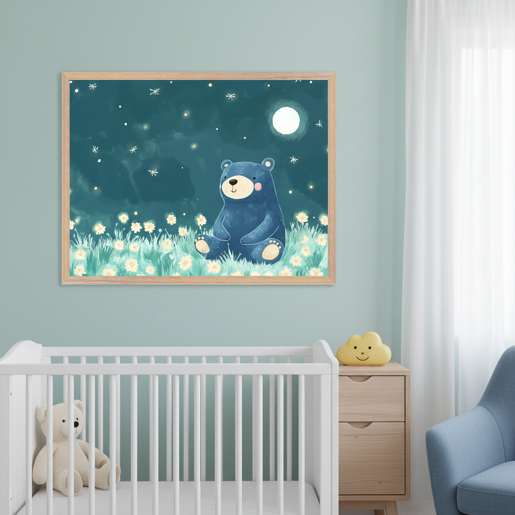 Modern nursery with a white crib, wooden dresser, and blue armchair. A large framed illustration of a blue bear sitting in a field of glowing flowers under a starry night with a moon hangs above the crib.