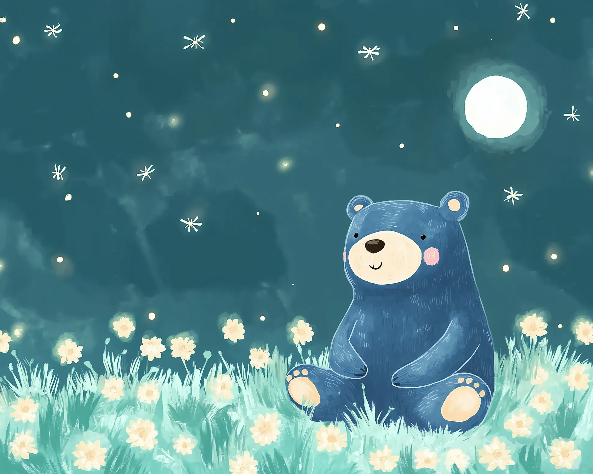 Moonlit Meadow Bear - Bear Framed Wall Art for Nursery, Playroom or Kids Bedrooms