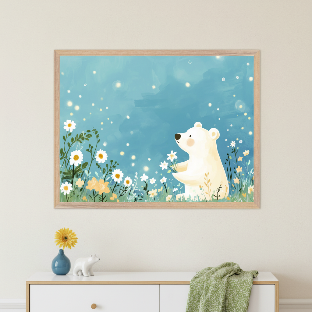 Modern room with a white dresser. A large light wood framed watercolor-style print hangs above the dresser, depicting a white polar bear holding white flowers in a field of daisies under a sparkling blue sky. A blue vase with a yellow flower and a white polar bear figurine are on the dresser.