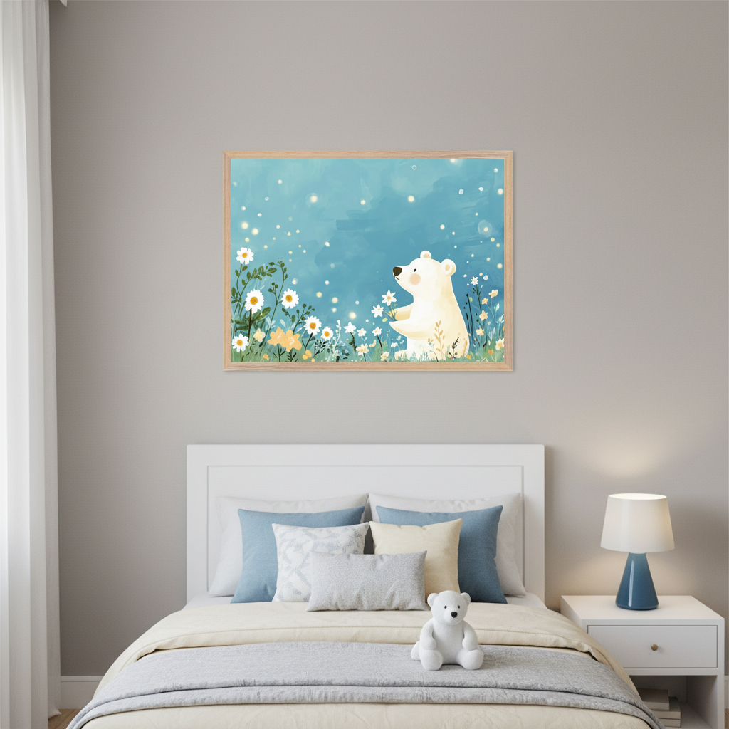 Kid's bedroom with a white bed and a white nightstand. A framed illustration of a light-colored bear holding a daisy in a field of white and yellow flowers with a blue, sparkling sky hangs above the bed.