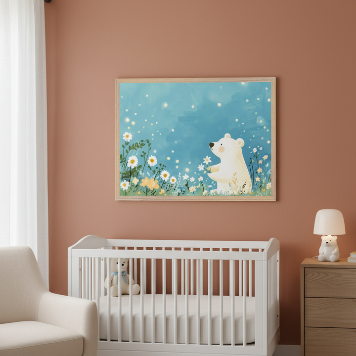 Nursery with terracotta walls featuring a white crib, beige armchair, and wooden dresser. A framed watercolor of a white bear in a flower field under a blue sky hangs above the crib.