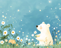 Gentle illustration of a polar bear sitting among wildflowers holding a white daisy under a glowing sky filled with sparkles.

