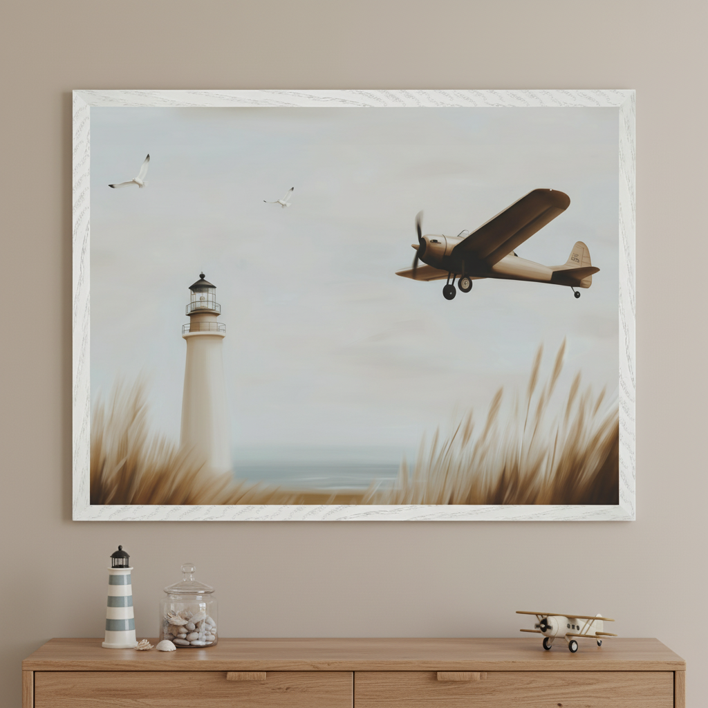 Neutral-toned room with a light wood dresser. A large framed painting hangs above the dresser, showing a lighthouse, biplane, and seagulls over coastal grass and the sea. On the dresser are a striped lighthouse, jar of shells, and a toy biplane.