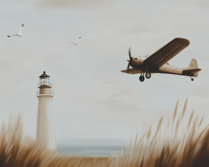 Vintage airplane flying past a tall coastal lighthouse with two seagulls soaring in a soft, muted sky above beach grass.
