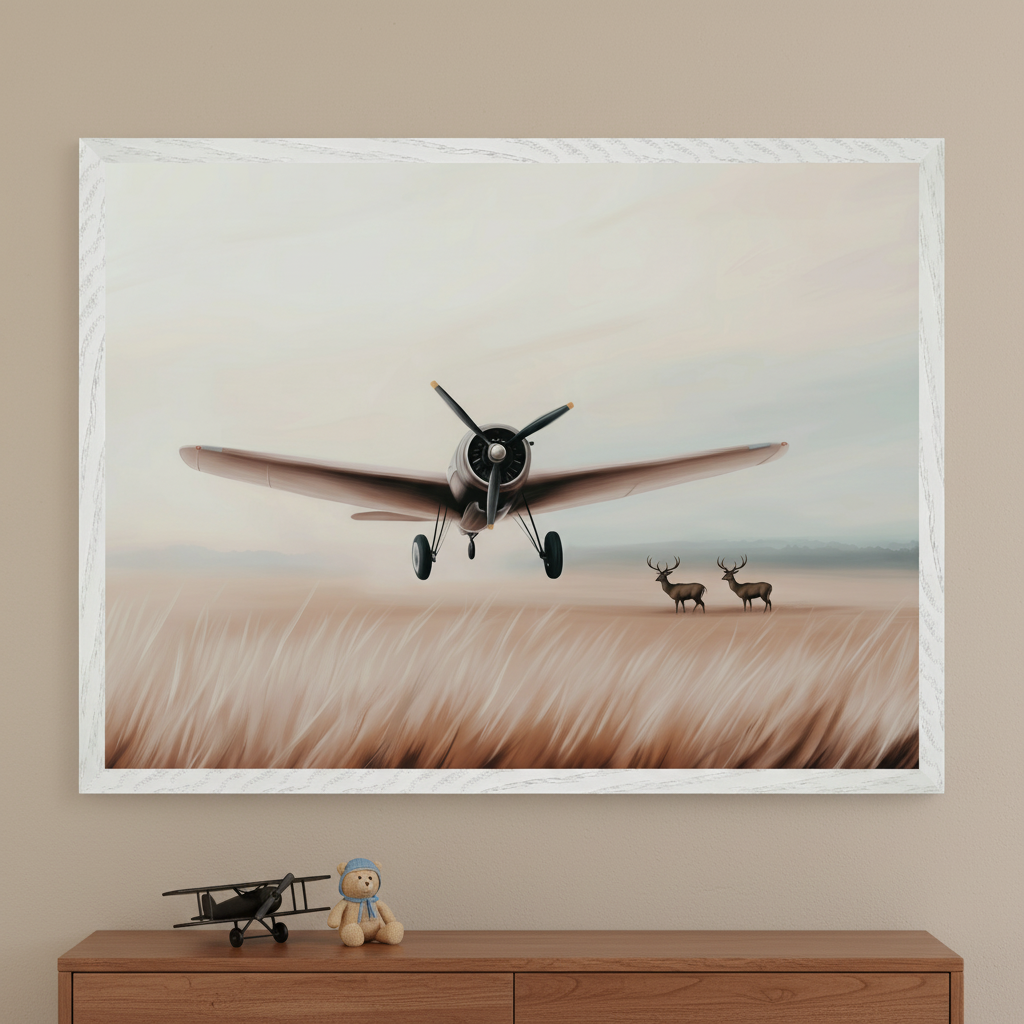 Kid's bedroom with a wooden dresser. A large white-framed painting of a vintage propeller airplane taking off from a grassy field with two deer hangs centered above. A model airplane and a teddy bear sit on the dresser.