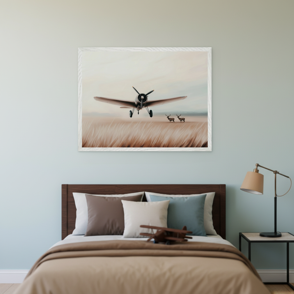 Modern bedroom with a bed featuring a dark wood headboard, brown and blue pillows, and a brown duvet. A nightstand with a lamp is on the right. Centered above the bed hangs a large framed painting depicting a vintage propeller airplane flying low over a grassy field with two deer, in a realistic style. A wooden toy airplane rests on the bed.